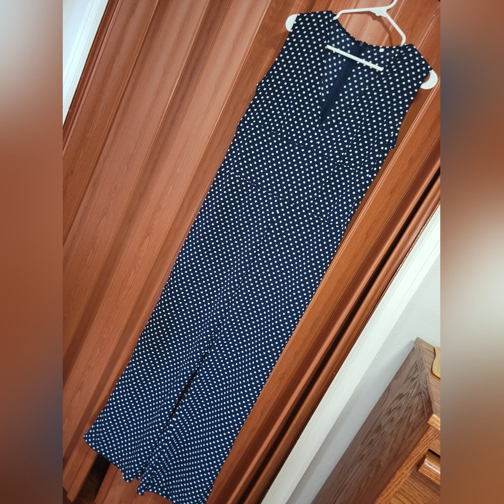 Belted Polk-a-Dot Sleeveless Jumpsuit - Blue ; White, Sz: 12
